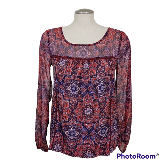 Lucky Brand Semi Sheer Blouse Womens Small Red Batik Ethnic Boho Long Sleeve - Picture 1 of 4